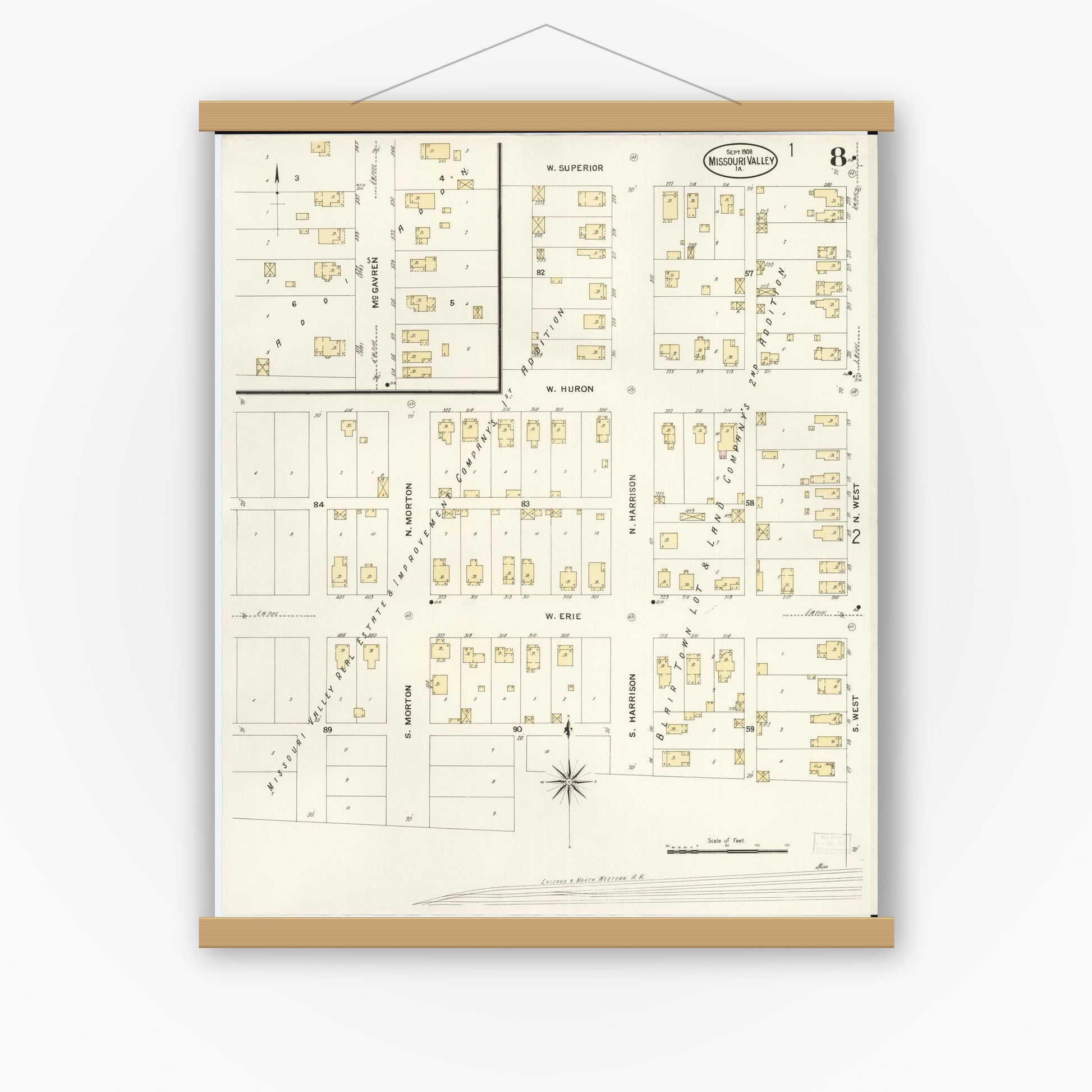 Old map wall art mockup — magnetic wood frame on white wall — Sanborn Fire Insurance Map from Missouri Valley, Harrison County, Iowa (1908), Sheet #0008