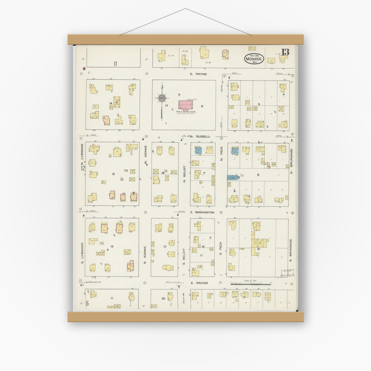 Old map wall art mockup — magnetic wood frame on white wall — Sanborn Fire Insurance Map from Monroe, Green County, Wisconsin (1915), Sheet #0013