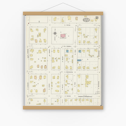Old map wall art mockup — magnetic wood frame on white wall — Sanborn Fire Insurance Map from Monroe, Green County, Wisconsin (1915), Sheet #0013