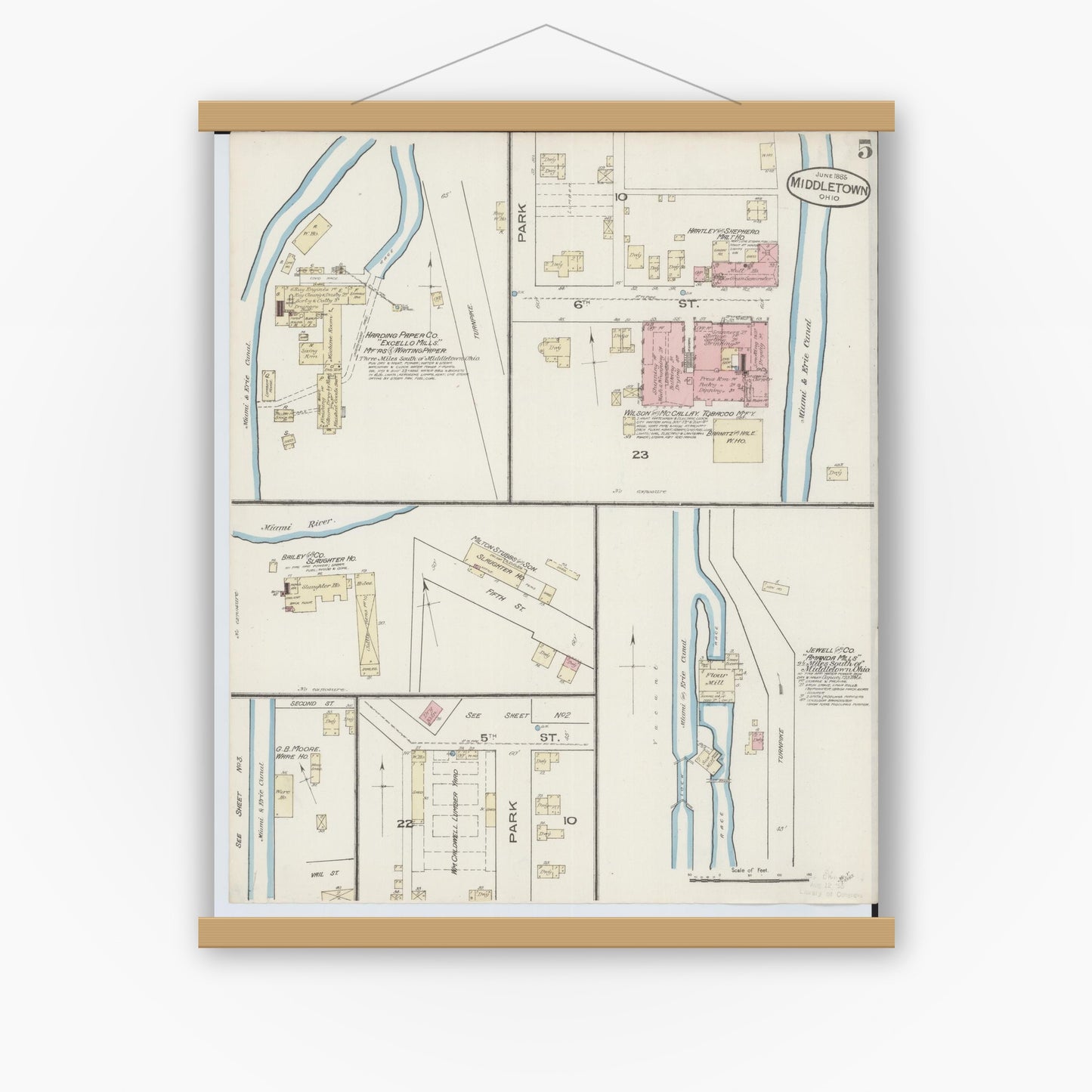 Old map wall art mockup — magnetic wood frame on white wall — Sanborn Fire Insurance Map from Middletown, Butler County, Ohio (1885), Sheet #0005
