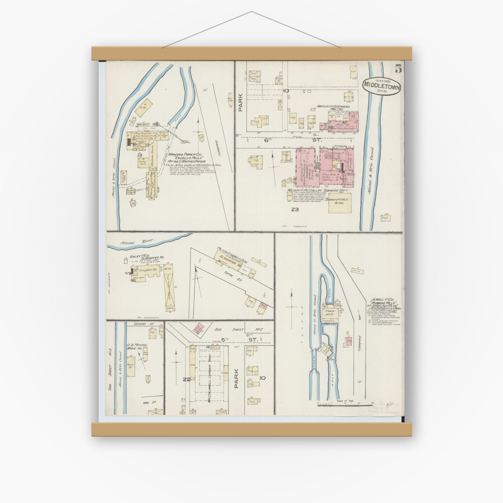 Old map wall art mockup — magnetic wood frame on white wall — Sanborn Fire Insurance Map from Middletown, Butler County, Ohio (1885), Sheet #0005