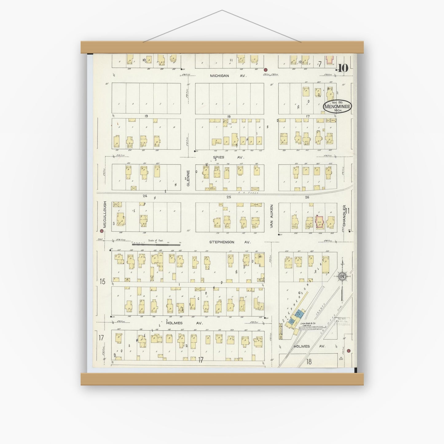 Old map wall art mockup — magnetic wood frame on white wall — Sanborn Fire Insurance Map from Menominee, Menominee County, Michigan (1913), Sheet #0010