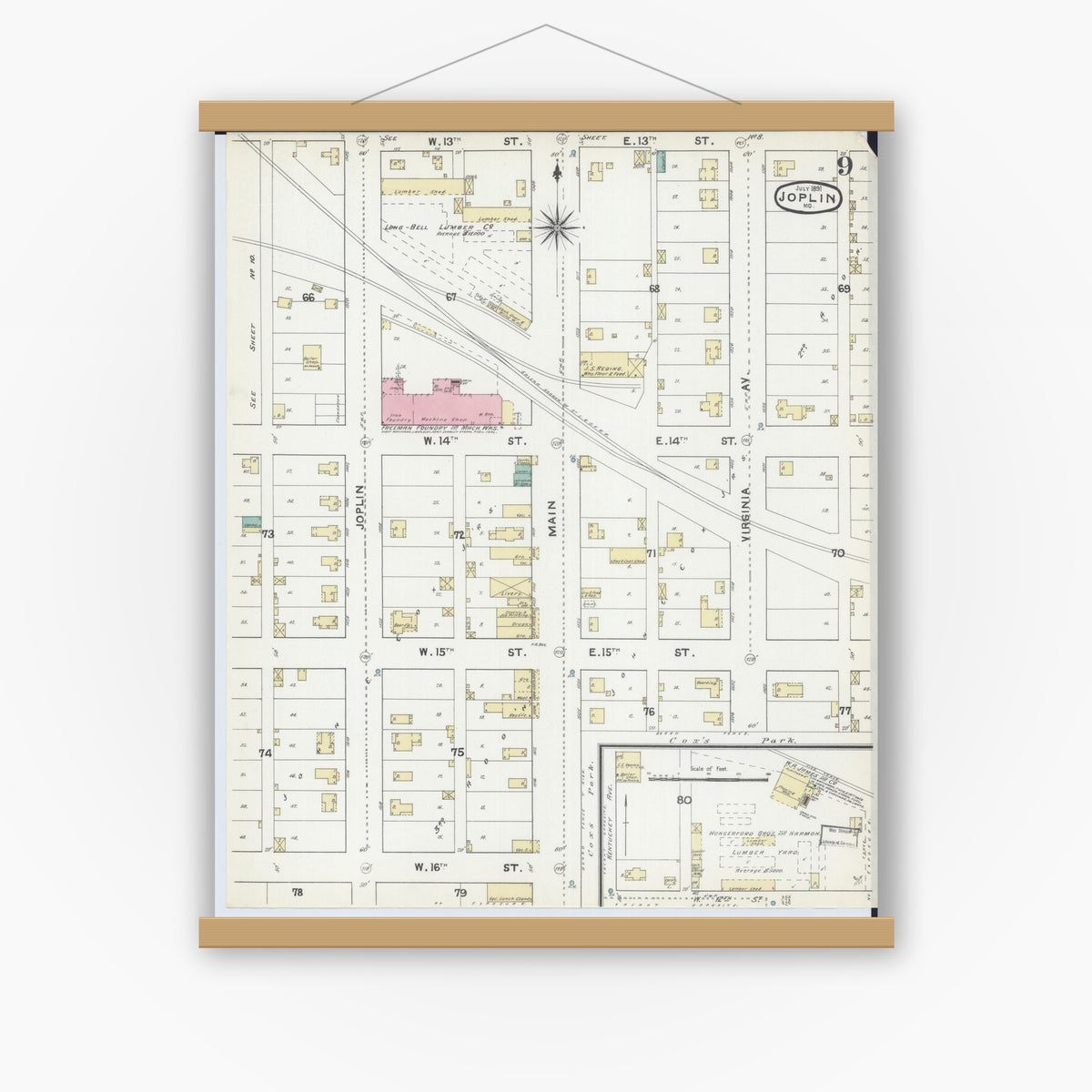 Old map wall art mockup — magnetic wood frame on white wall — Sanborn Fire Insurance Map from Joplin, Jasper County, Missouri (1891), Sheet #0009