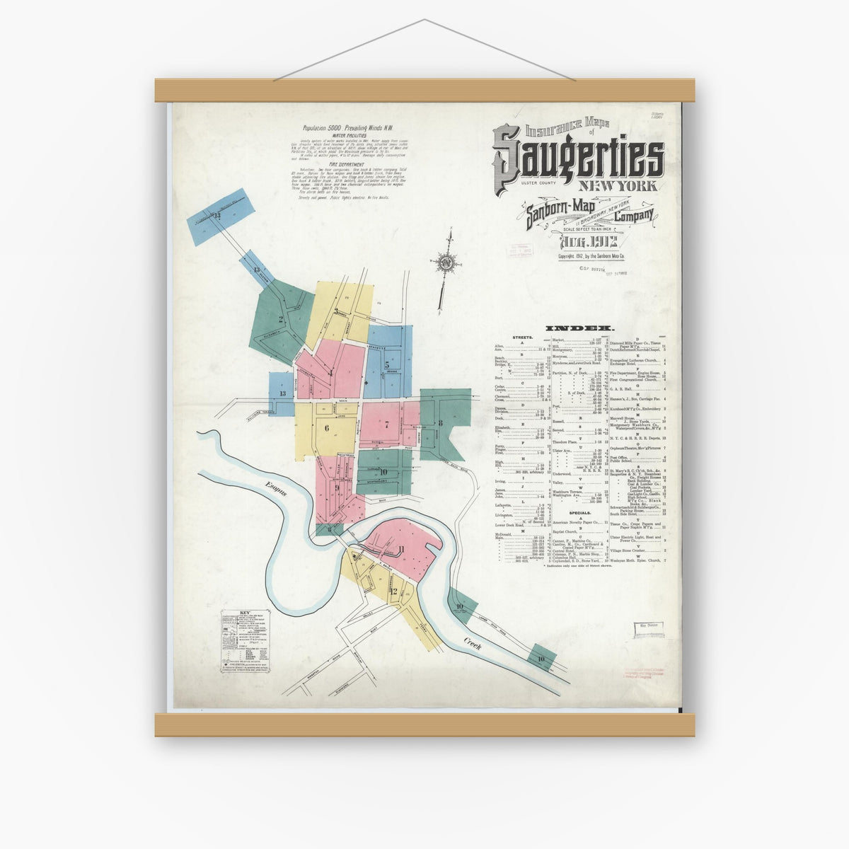 Old map wall art mockup — magnetic wood frame on white wall — Sanborn Fire Insurance Map from Saugerties, Ulster County, New York (1912) - Complete Map Set