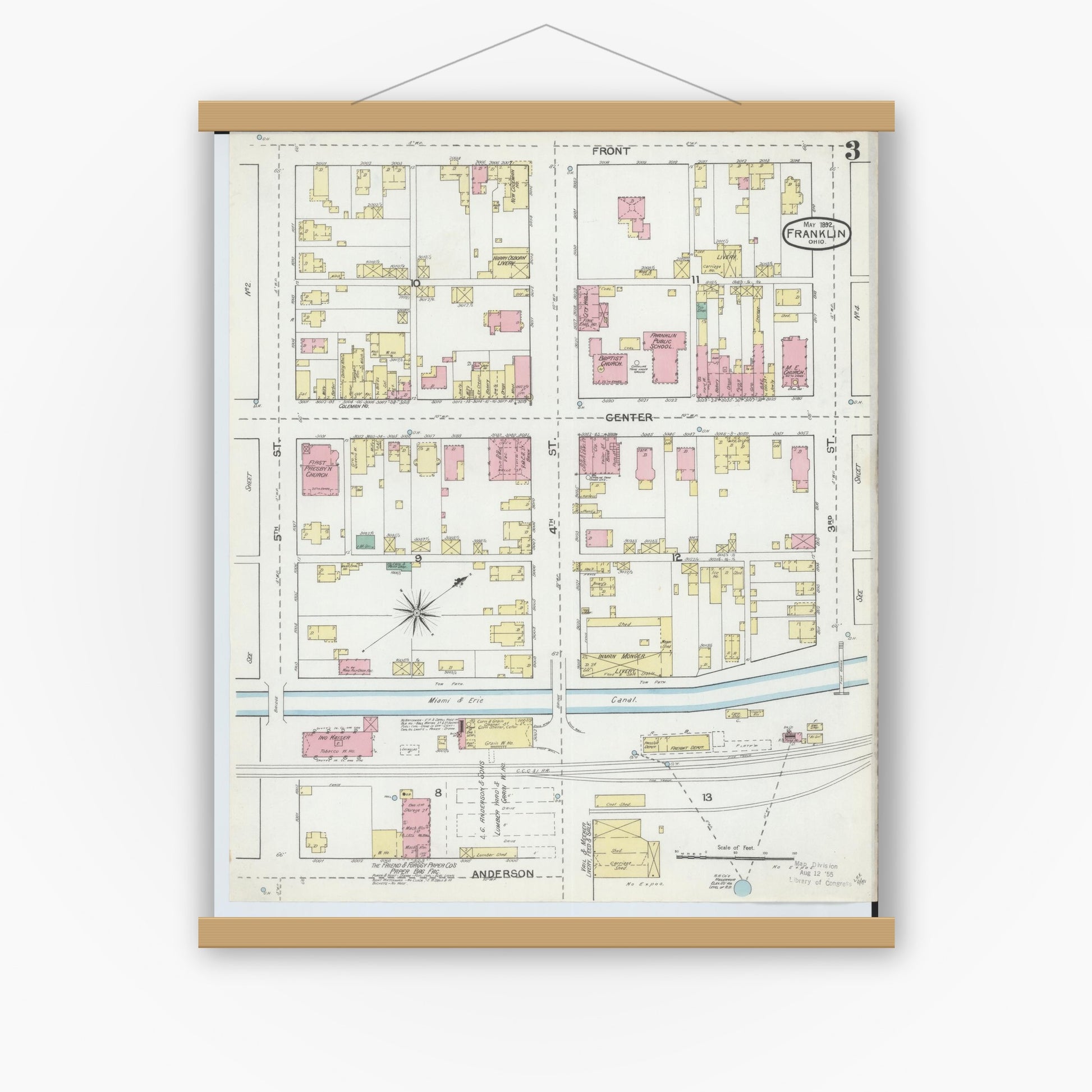 Old map wall art mockup — magnetic wood frame on white wall — Sanborn Fire Insurance Map from Franklin, Warren County, Ohio (1892), Sheet #0003