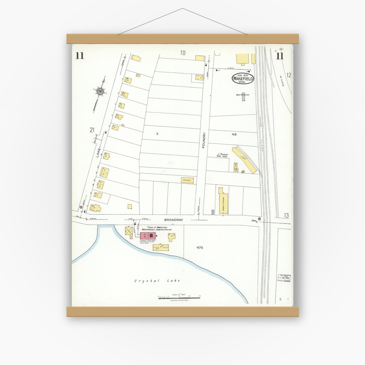 Old map wall art mockup — magnetic wood frame on white wall — Sanborn Fire Insurance Map from Wakefield, Middlesex County, Massachusetts (1923), Sheet #0011
