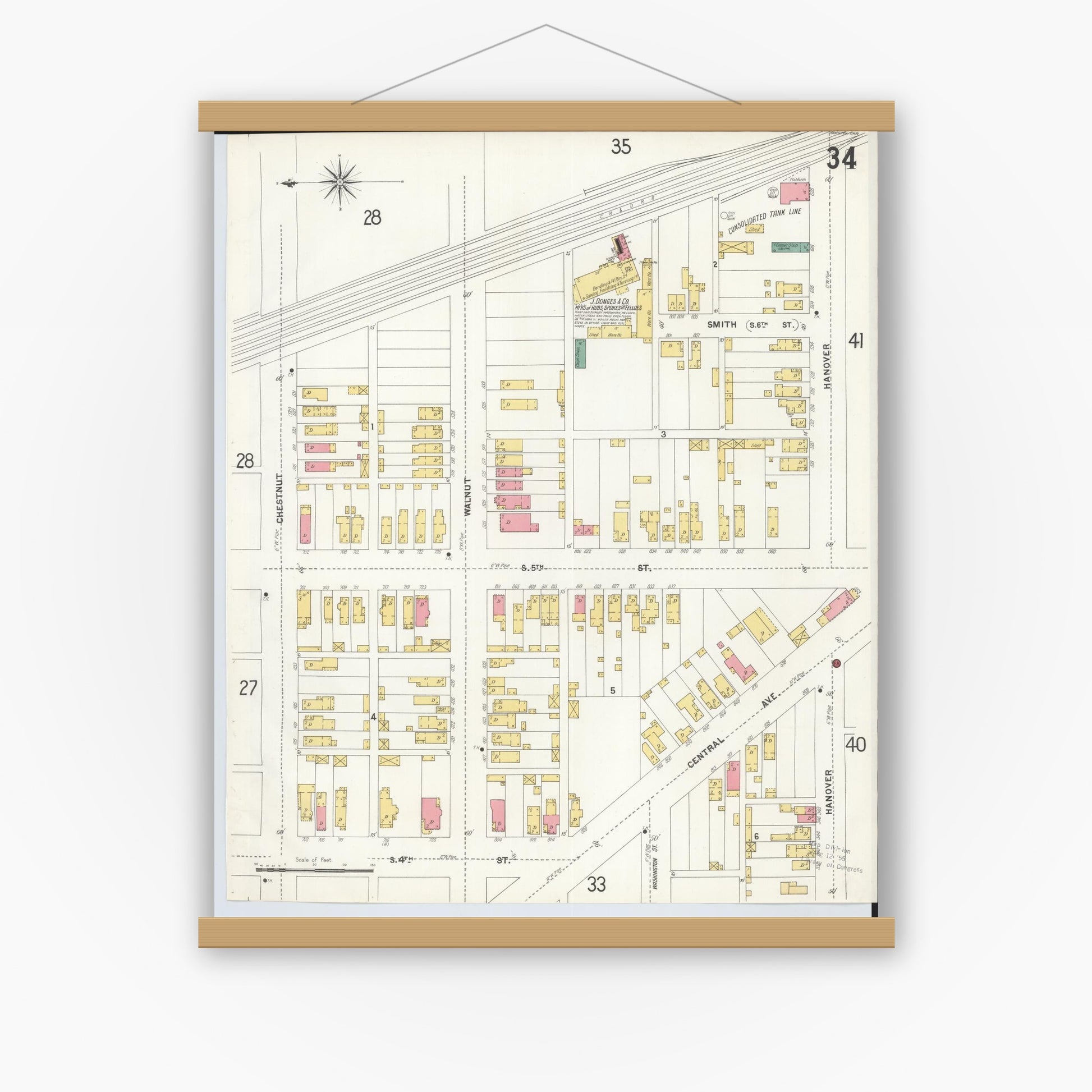 Old map wall art mockup — magnetic wood frame on white wall — Sanborn Fire Insurance Map from Hamilton, Butler County, Ohio (1899), Sheet #0034