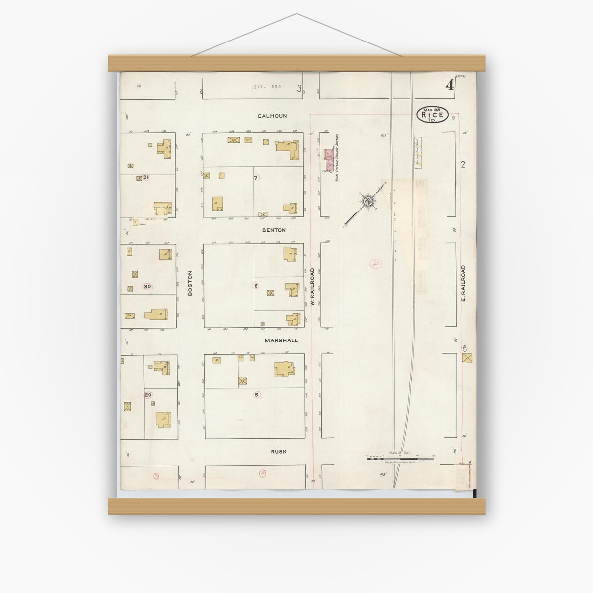 Old map wall art mockup — magnetic wood frame on white wall — Sanborn Fire Insurance Map from Rice, Navarro County, Texas (1935), Sheet #0004