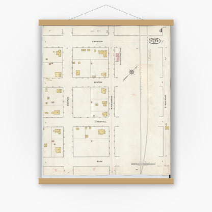 Old map wall art mockup — magnetic wood frame on white wall — Sanborn Fire Insurance Map from Rice, Navarro County, Texas (1935), Sheet #0004