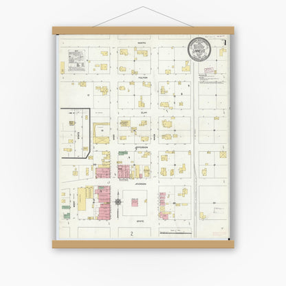 Old map wall art mockup — magnetic wood frame on white wall — Sanborn Fire Insurance Map from Linneus, Linn County, Missouri (1910) - Complete Map Set