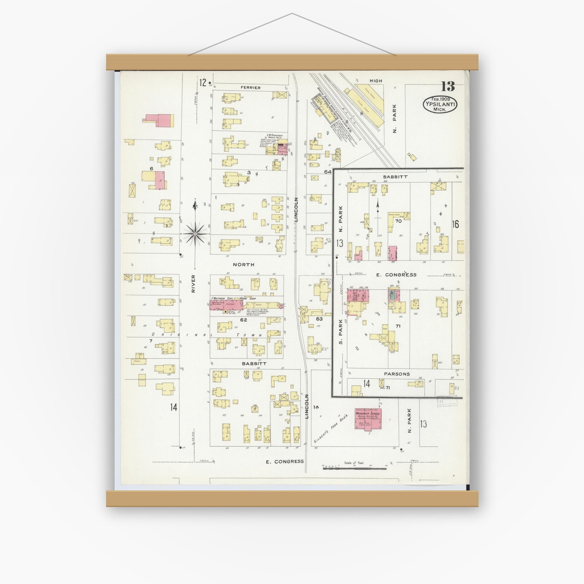Old map wall art mockup — magnetic wood frame on white wall — Sanborn Fire Insurance Map from Ypsilanti, Washtenaw County, Michigan (1909), Sheet #0013