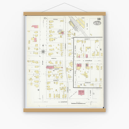 Old map wall art mockup — magnetic wood frame on white wall — Sanborn Fire Insurance Map from Ypsilanti, Washtenaw County, Michigan (1909), Sheet #0013