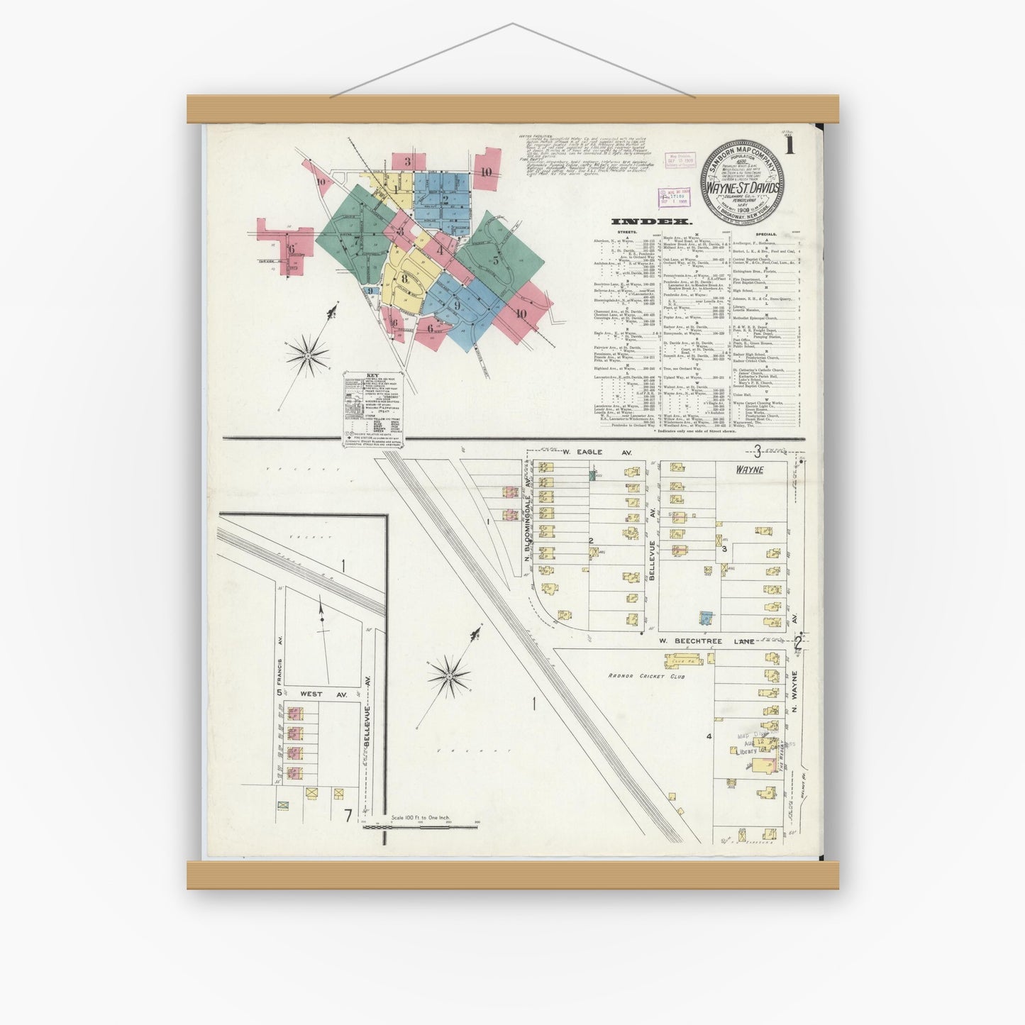 Old map wall art mockup — magnetic wood frame on white wall — Sanborn Fire Insurance Map from Wayne, Delaware County, Pennsylvania (1909) - Complete Map Set