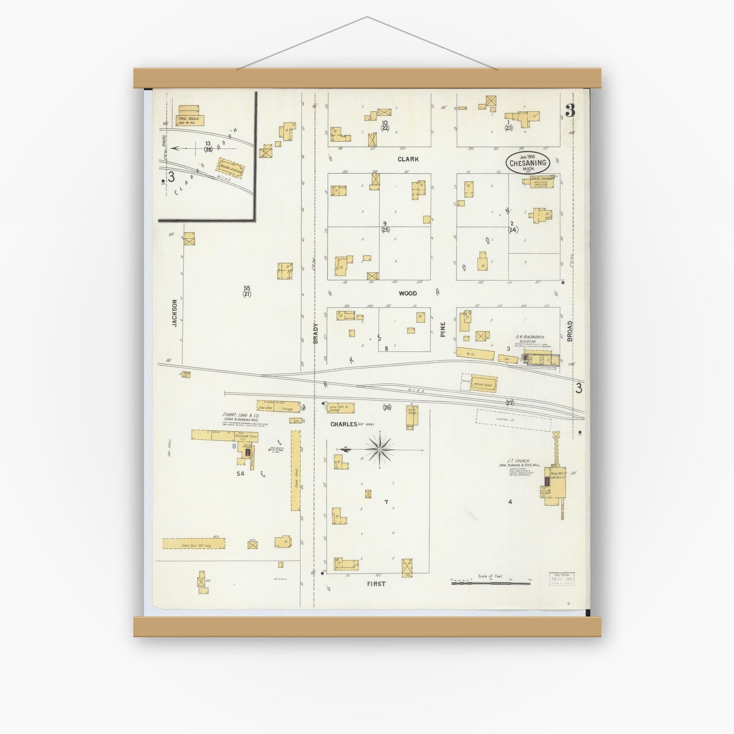 Old map wall art mockup — magnetic wood frame on white wall — Sanborn Fire Insurance Map from Chesaning, Saginaw County, Michigan (1900), Sheet #0003