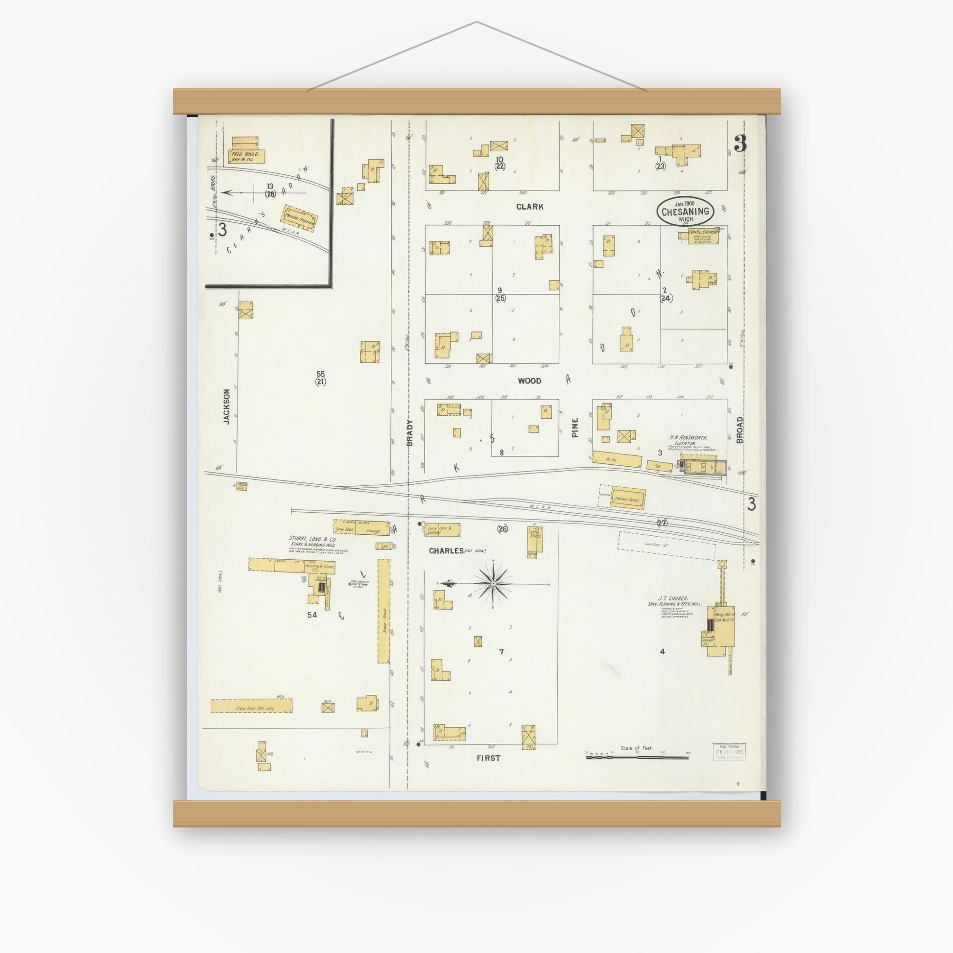 Old map wall art mockup — magnetic wood frame on white wall — Sanborn Fire Insurance Map from Chesaning, Saginaw County, Michigan (1900), Sheet #0003