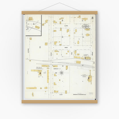 Old map wall art mockup — magnetic wood frame on white wall — Sanborn Fire Insurance Map from Chesaning, Saginaw County, Michigan (1900), Sheet #0003