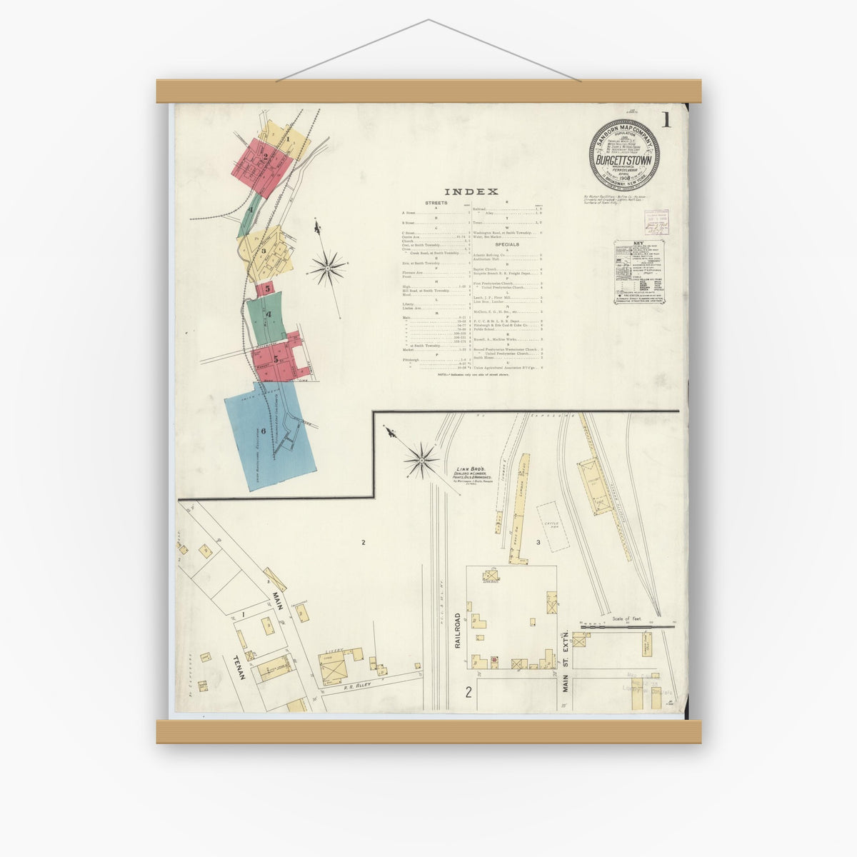 Old map wall art mockup — magnetic wood frame on white wall — Sanborn Fire Insurance Map from Burgettstown, Washington County, Pennsylvania (1908), Sheet #0001