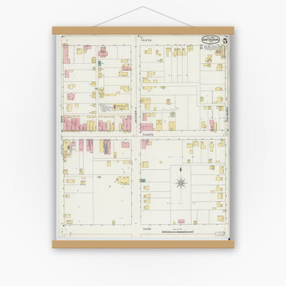 Old map wall art mockup — magnetic wood frame on white wall — Sanborn Fire Insurance Map from Huntingburg, Dubois County, Indiana (1895), Sheet #0005