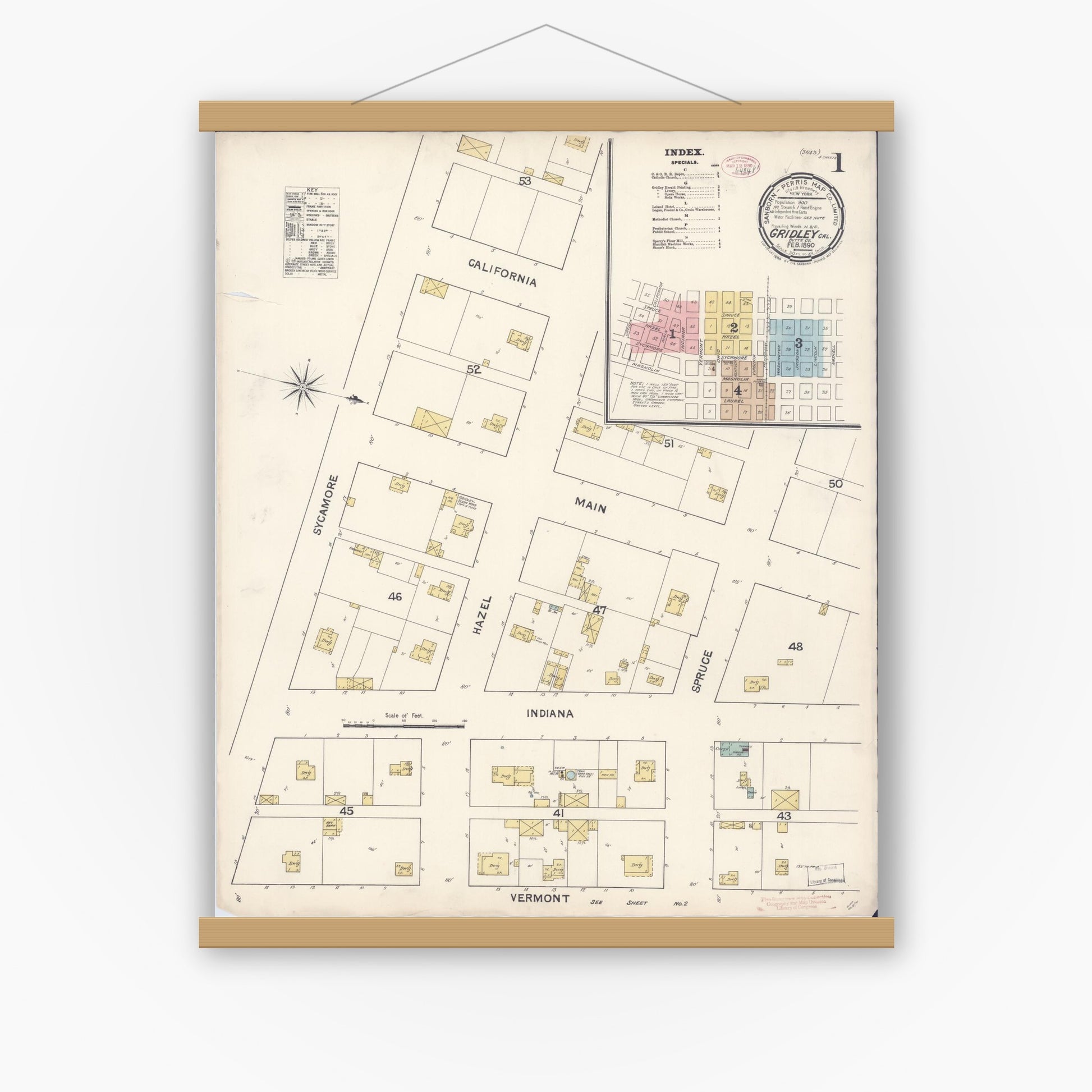 Old map wall art mockup — magnetic wood frame on white wall — Sanborn Fire Insurance Map from Gridley, Butte County, California (1890) - Complete Map Set