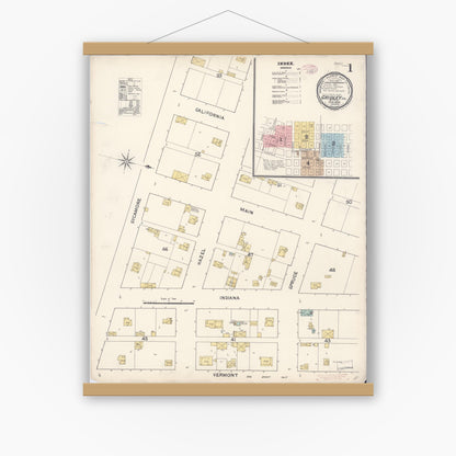 Old map wall art mockup — magnetic wood frame on white wall — Sanborn Fire Insurance Map from Gridley, Butte County, California (1890) - Complete Map Set