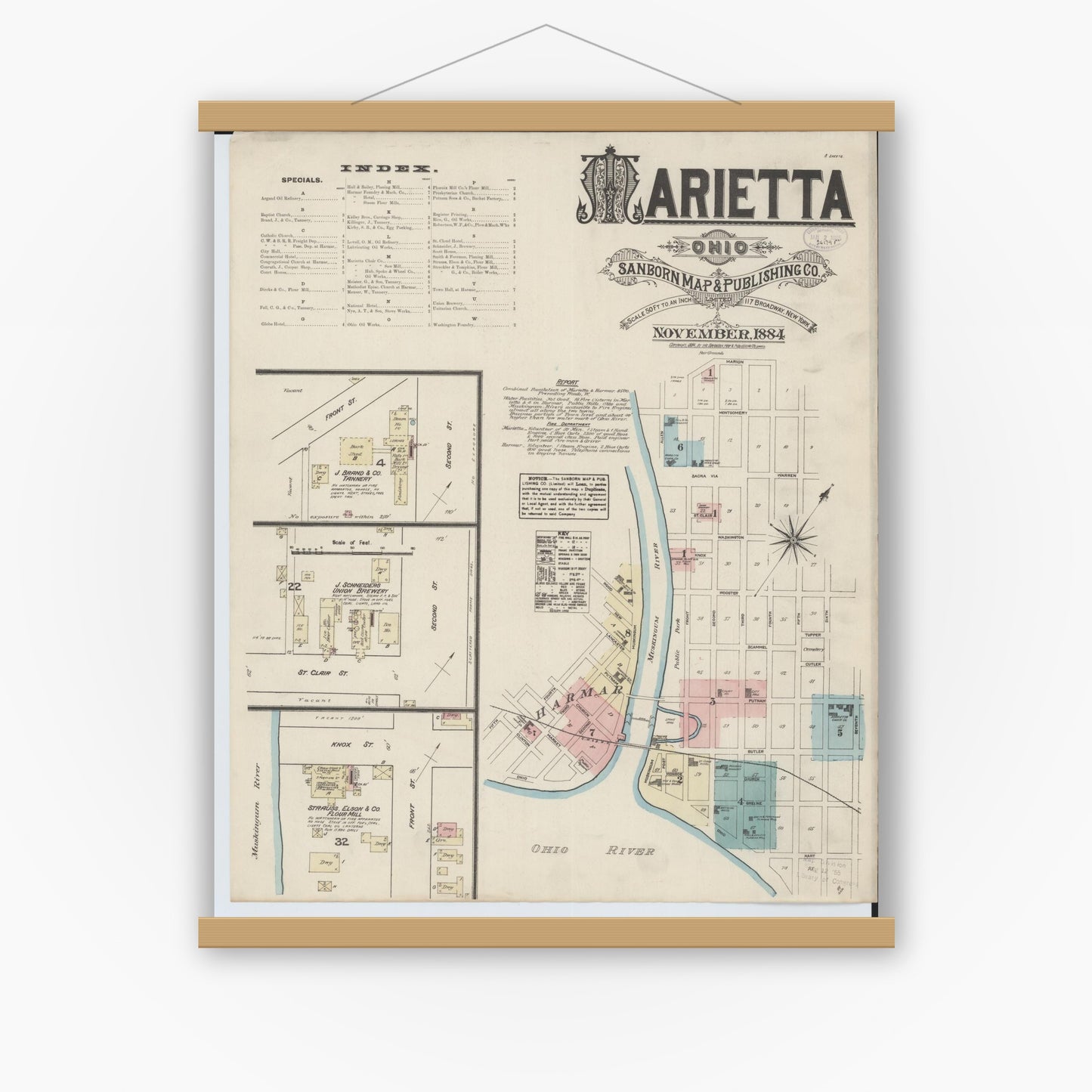 Old map wall art mockup — magnetic wood frame on white wall — Sanborn Fire Insurance Map from Marietta, Washington County, Ohio (1884) - Complete Map Set