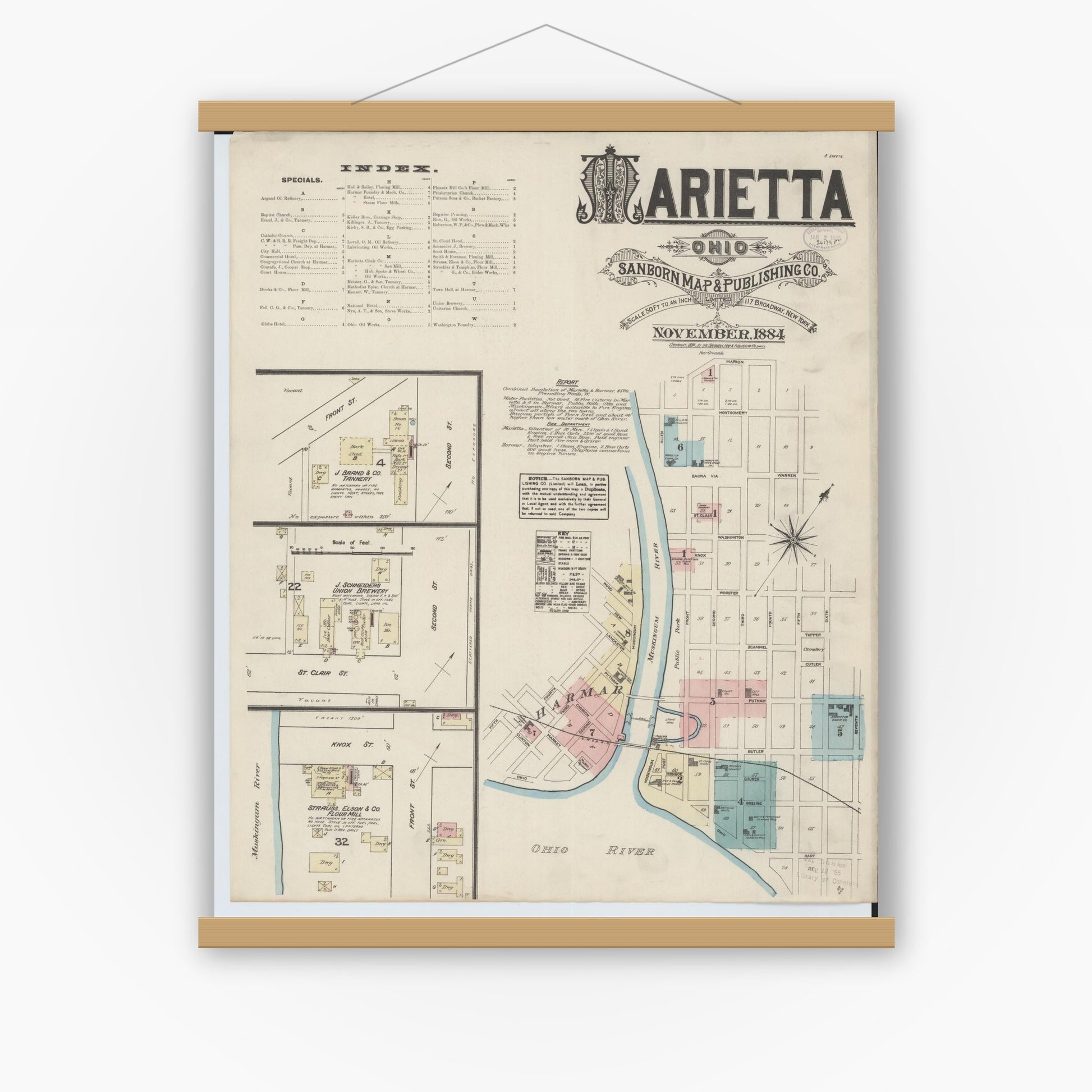 Old map wall art mockup — magnetic wood frame on white wall — Sanborn Fire Insurance Map from Marietta, Washington County, Ohio (1884) - Complete Map Set