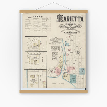 Old map wall art mockup — magnetic wood frame on white wall — Sanborn Fire Insurance Map from Marietta, Washington County, Ohio (1884) - Complete Map Set
