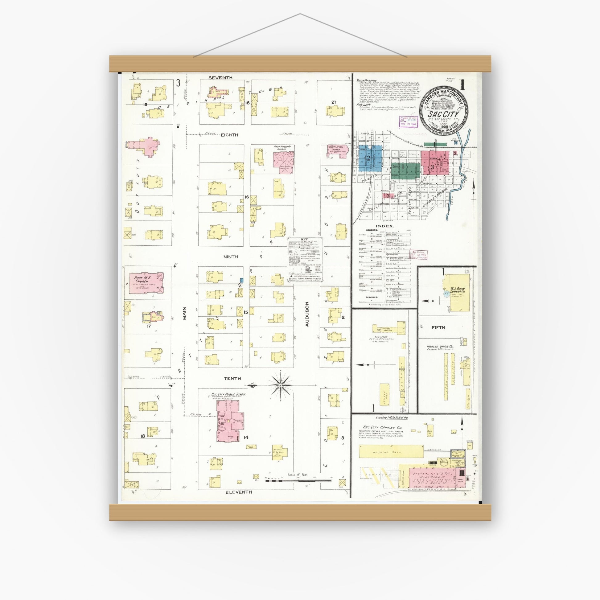Old map wall art mockup — magnetic wood frame on white wall — Sanborn Fire Insurance Map from Sac City, Sac County, Iowa (1909), Sheet #0001