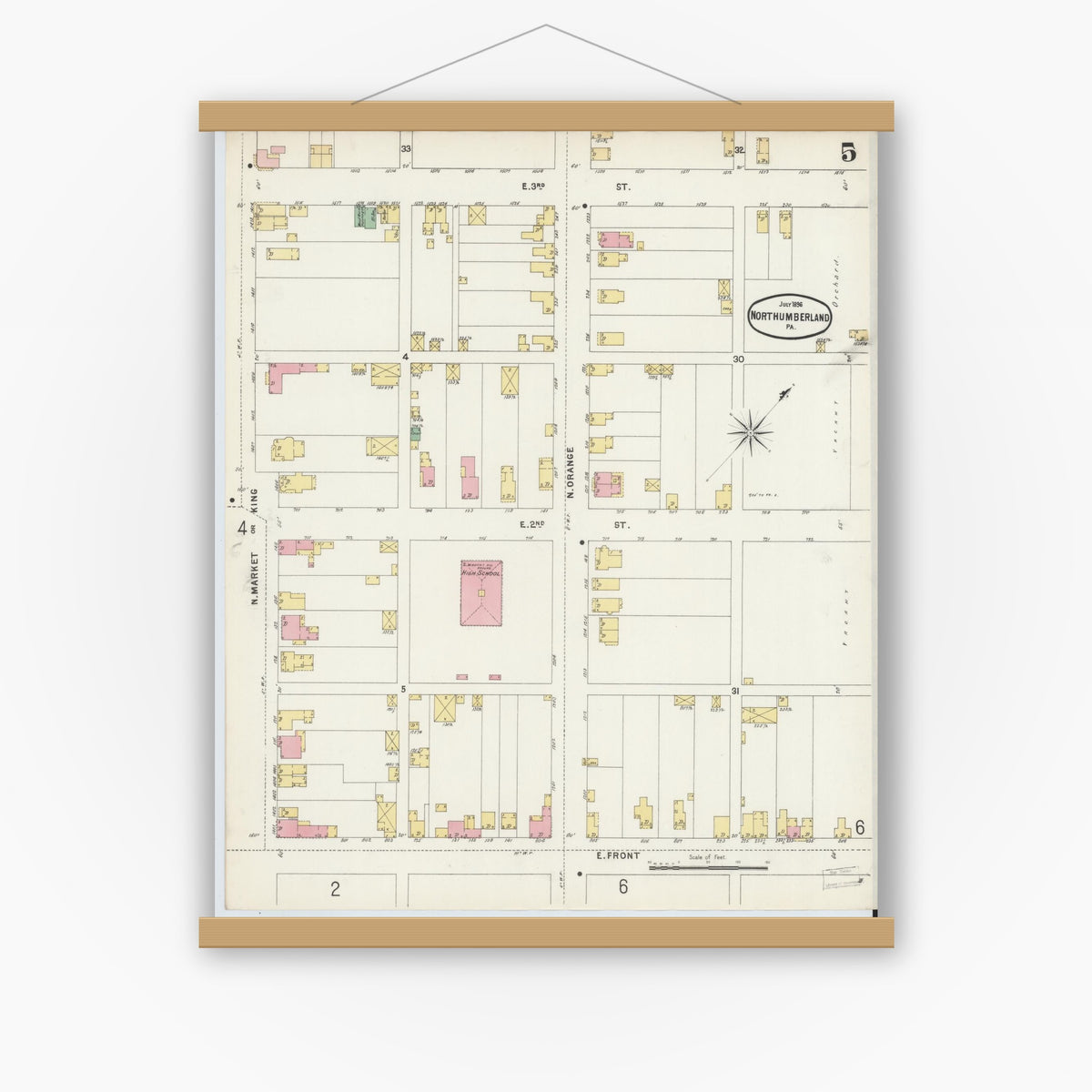 Old map wall art mockup — magnetic wood frame on white wall — Sanborn Fire Insurance Map from Northumberland, Northumberland County, Pennsylvania (1896), Sheet #0005