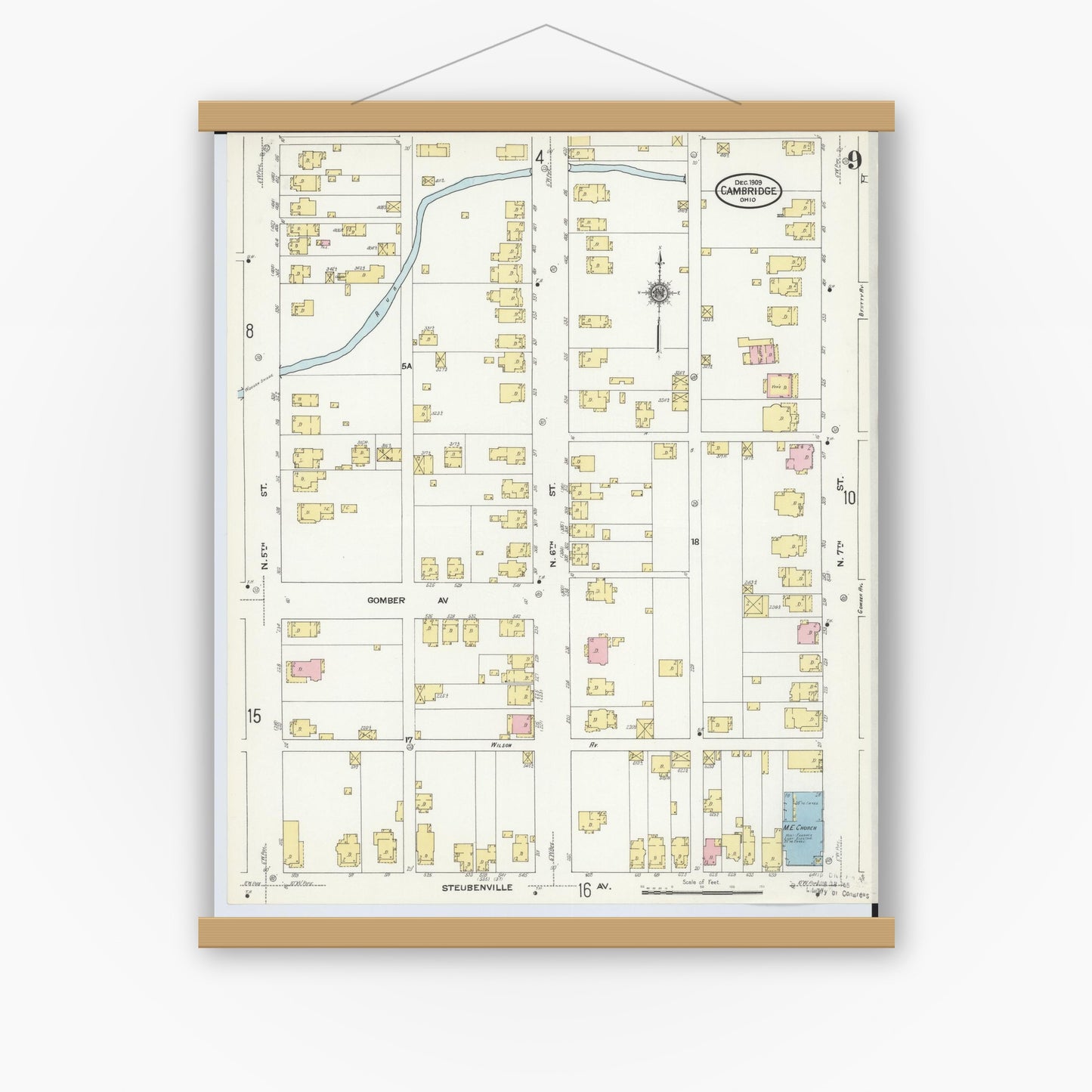 Old map wall art mockup — magnetic wood frame on white wall — Sanborn Fire Insurance Map from Cambridge, Guernsey County, Ohio (1909), Sheet #0009