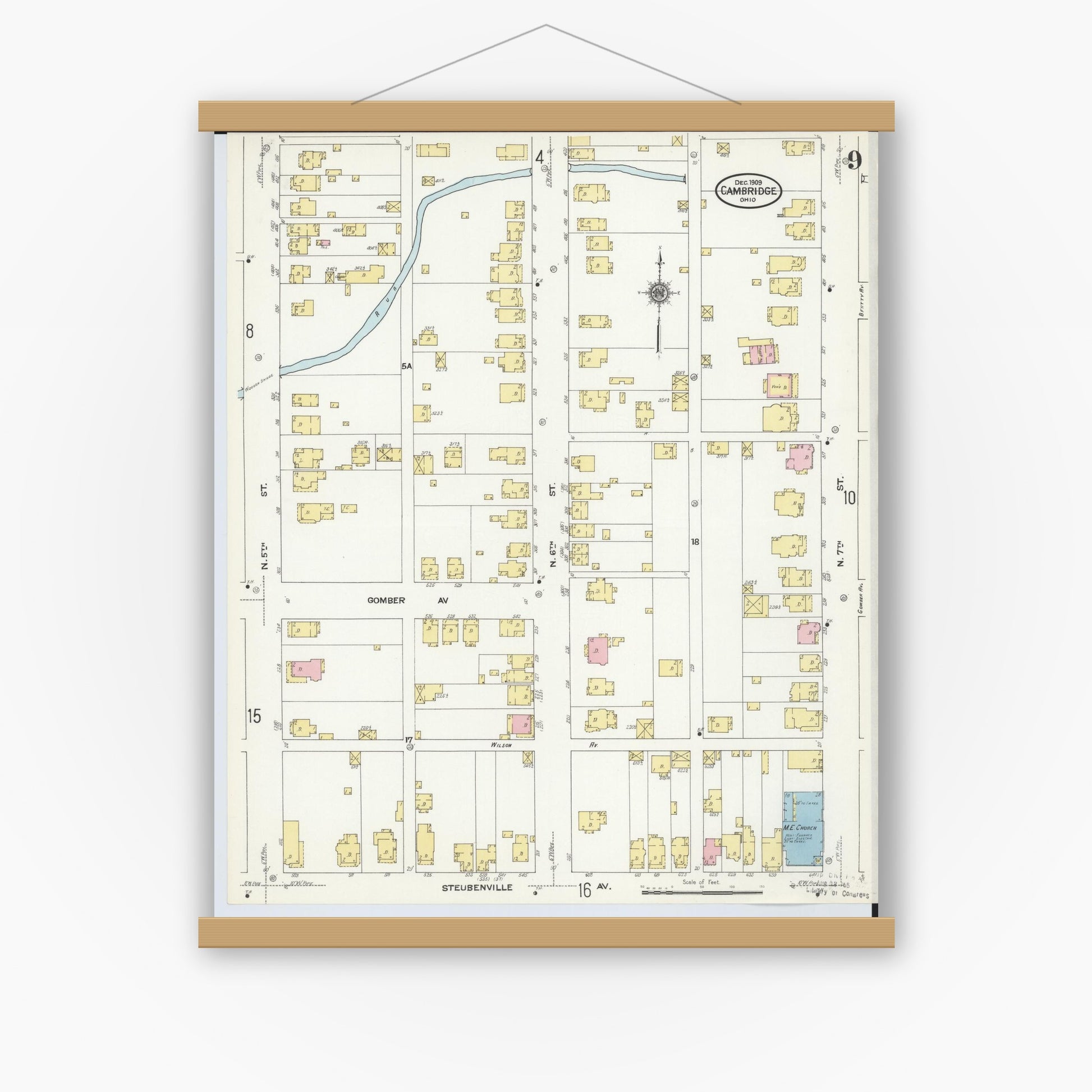 Old map wall art mockup — magnetic wood frame on white wall — Sanborn Fire Insurance Map from Cambridge, Guernsey County, Ohio (1909), Sheet #0009
