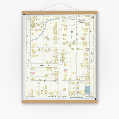 Old map wall art mockup — magnetic wood frame on white wall — Sanborn Fire Insurance Map from Cambridge, Guernsey County, Ohio (1909), Sheet #0009