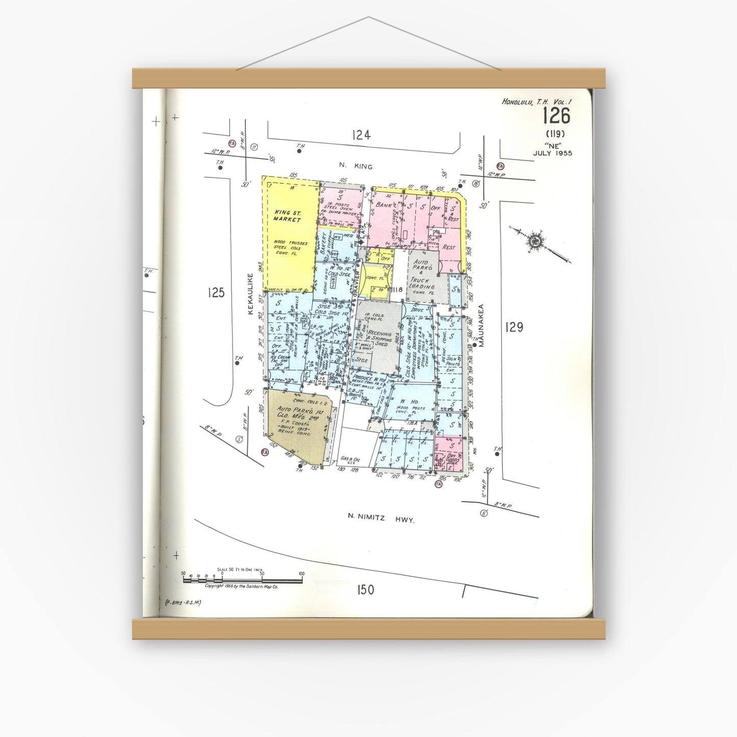 Old map wall art mockup — magnetic wood frame on white wall — Sanborn Fire Insurance Map from Honolulu, Oahu County, Hawaii (1955), Sheet #0126