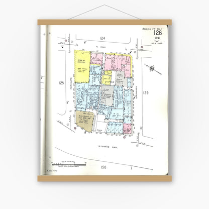 Old map wall art mockup — magnetic wood frame on white wall — Sanborn Fire Insurance Map from Honolulu, Oahu County, Hawaii (1955), Sheet #0126