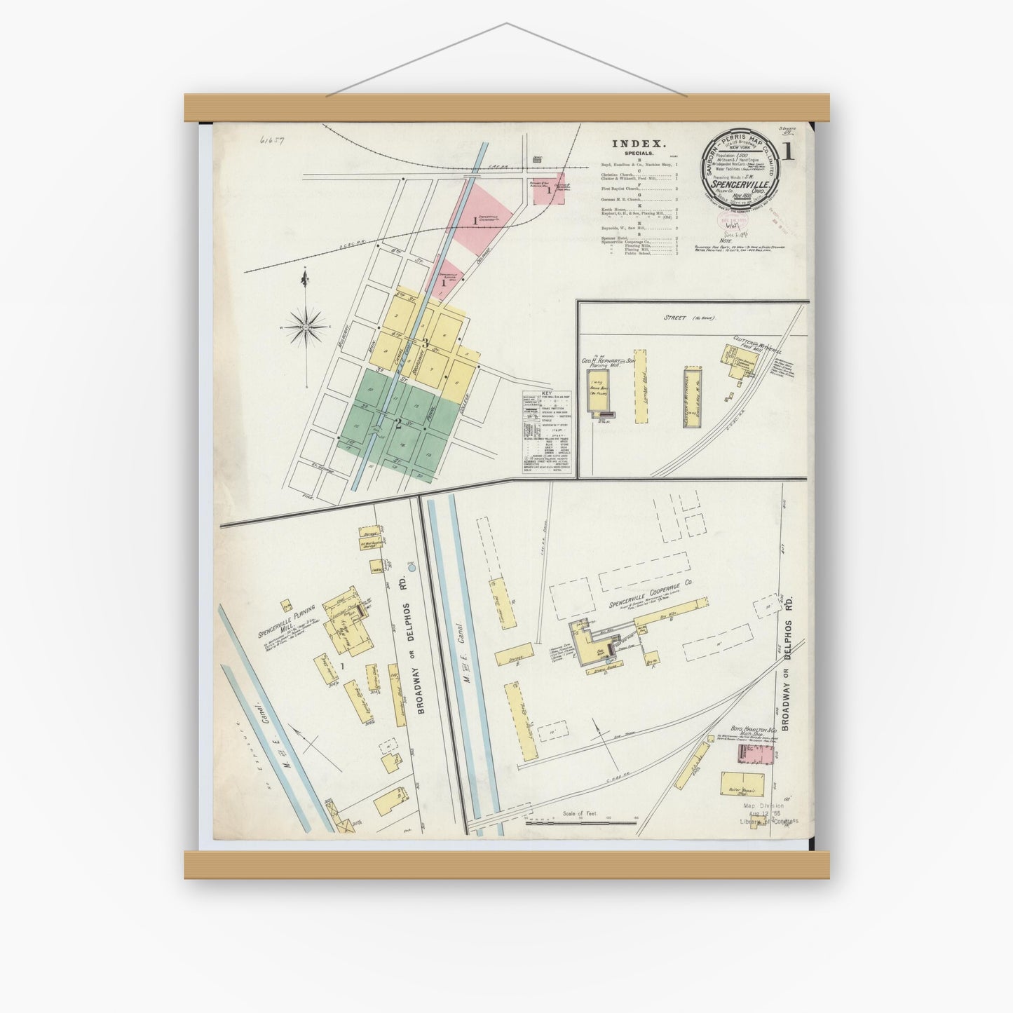 Old map wall art mockup — magnetic wood frame on white wall — Sanborn Fire Insurance Map from Spencerville, Allen County, Ohio (1895), Sheet #0001