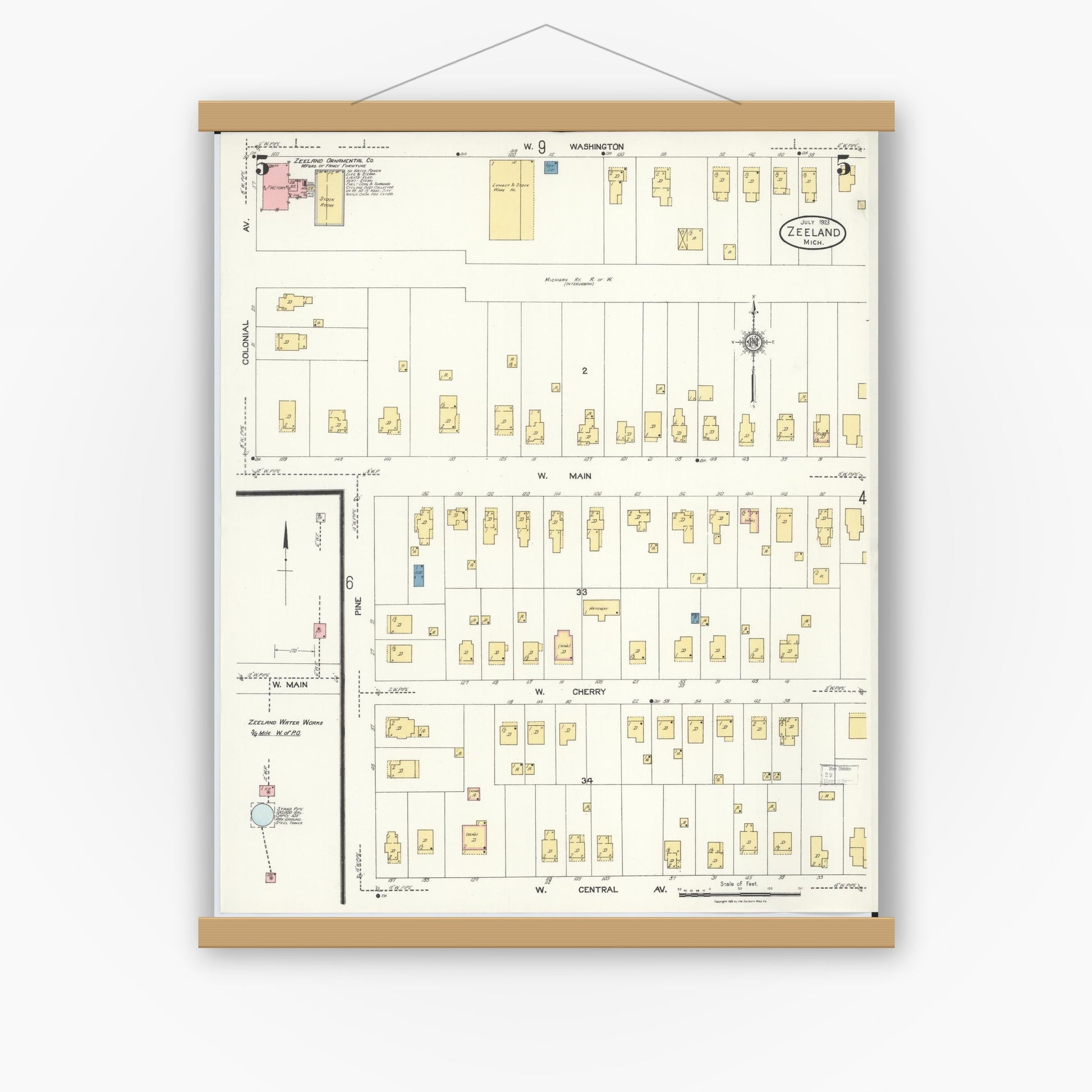 Old map wall art mockup — magnetic wood frame on white wall — Sanborn Fire Insurance Map from Zeeland, Ottawa County, Michigan (1923), Sheet #0005