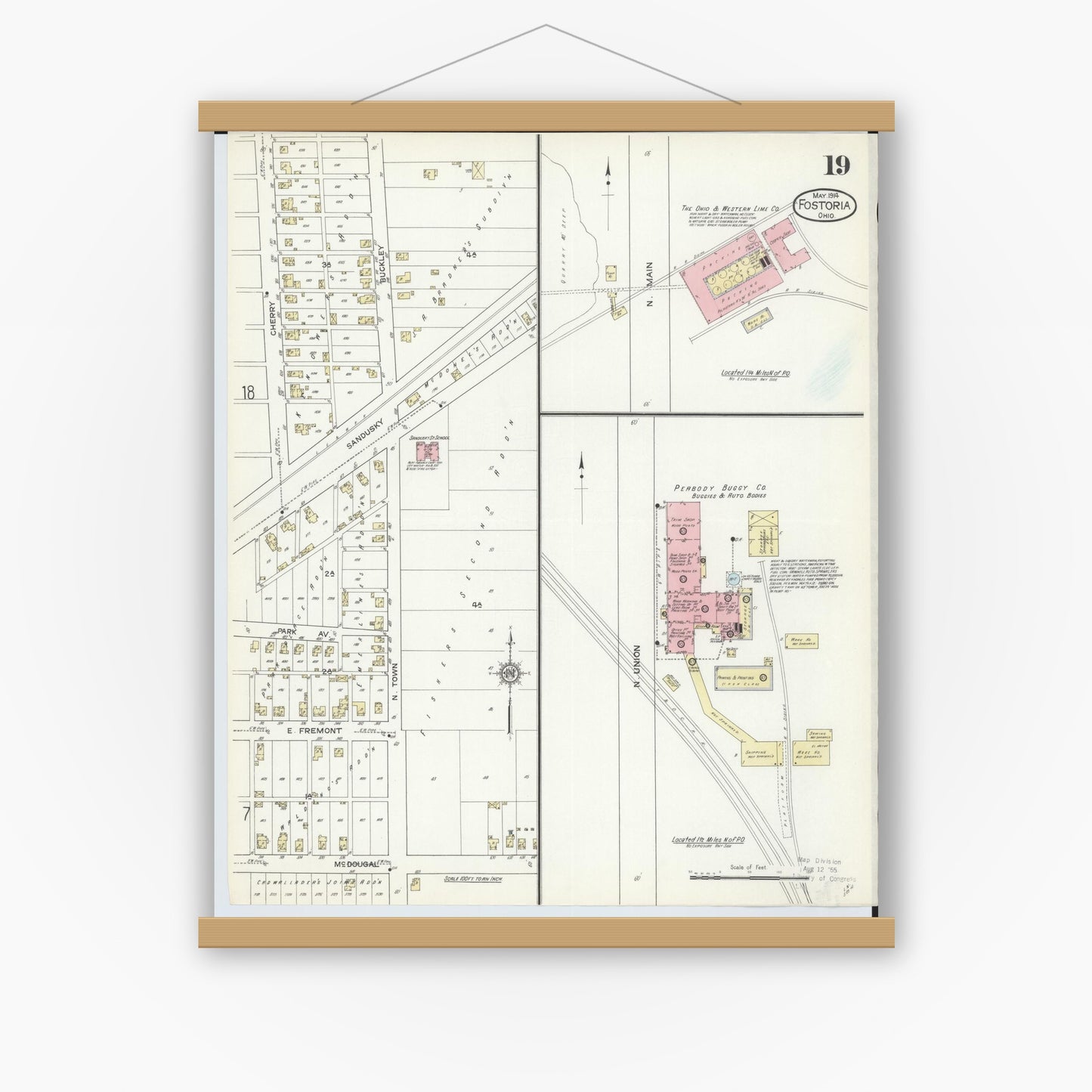 Old map wall art mockup — magnetic wood frame on white wall — Sanborn Fire Insurance Map from Fostoria, Seneca, Hancock, And Wood Counties, Ohio (1914), Sheet #0019