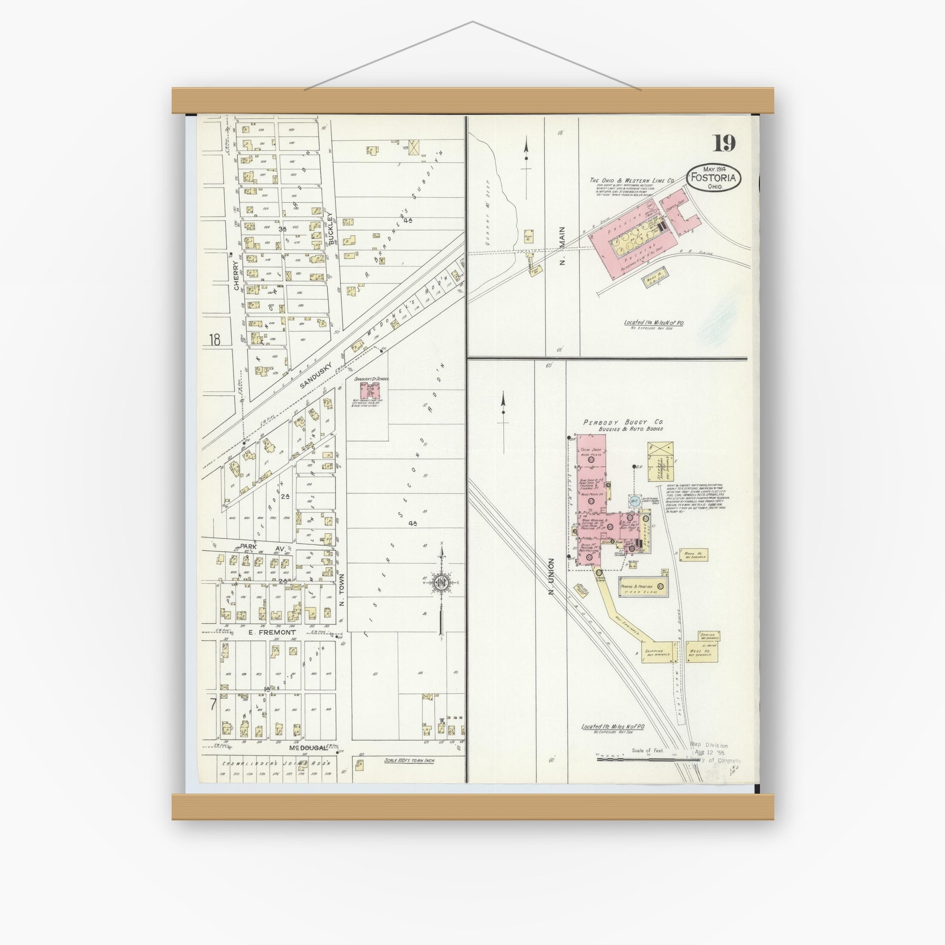 Old map wall art mockup — magnetic wood frame on white wall — Sanborn Fire Insurance Map from Fostoria, Seneca, Hancock, And Wood Counties, Ohio (1914), Sheet #0019
