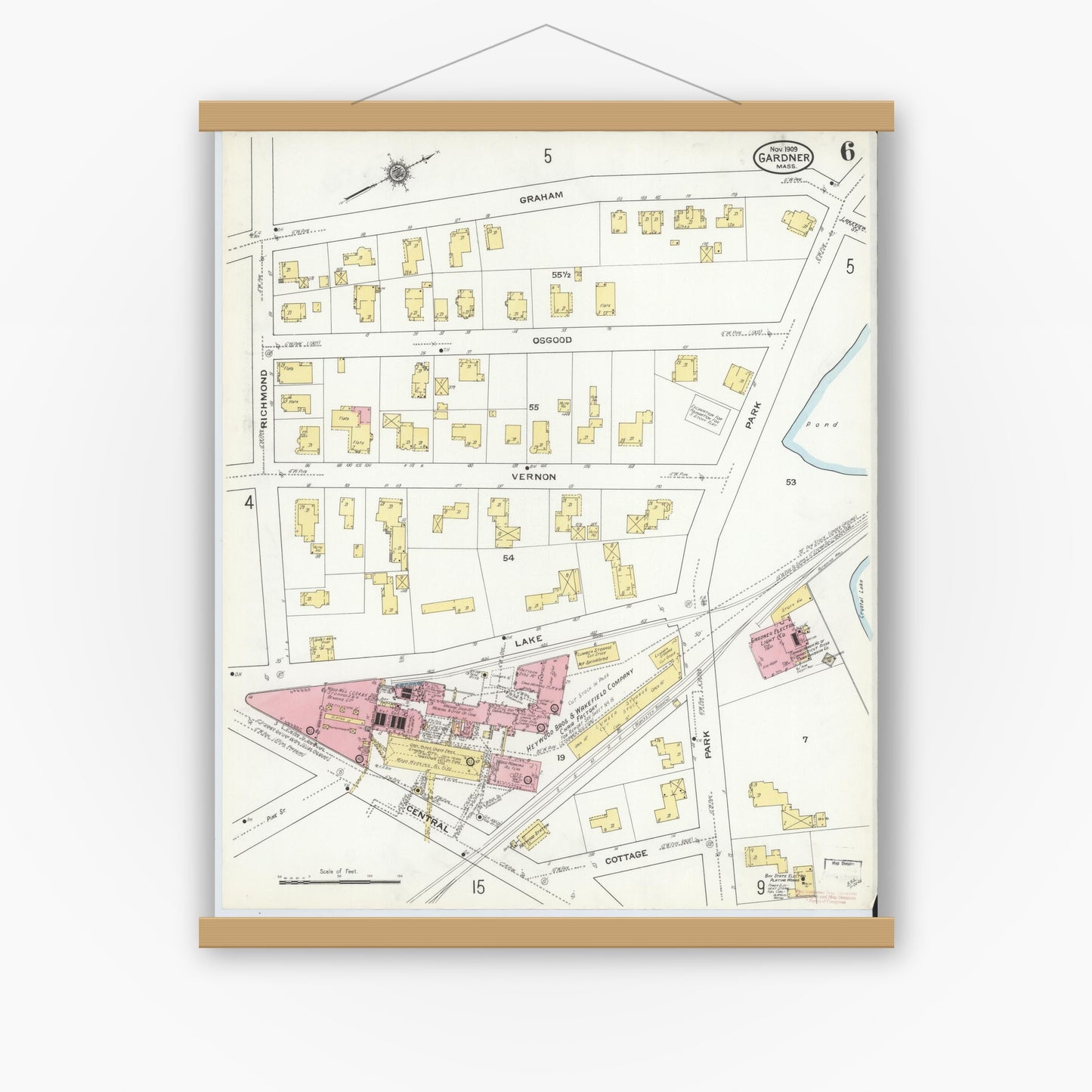 Old map wall art mockup — magnetic wood frame on white wall — Sanborn Fire Insurance Map from Gardner, Worcester County, Massachusetts (1909), Sheet #0006