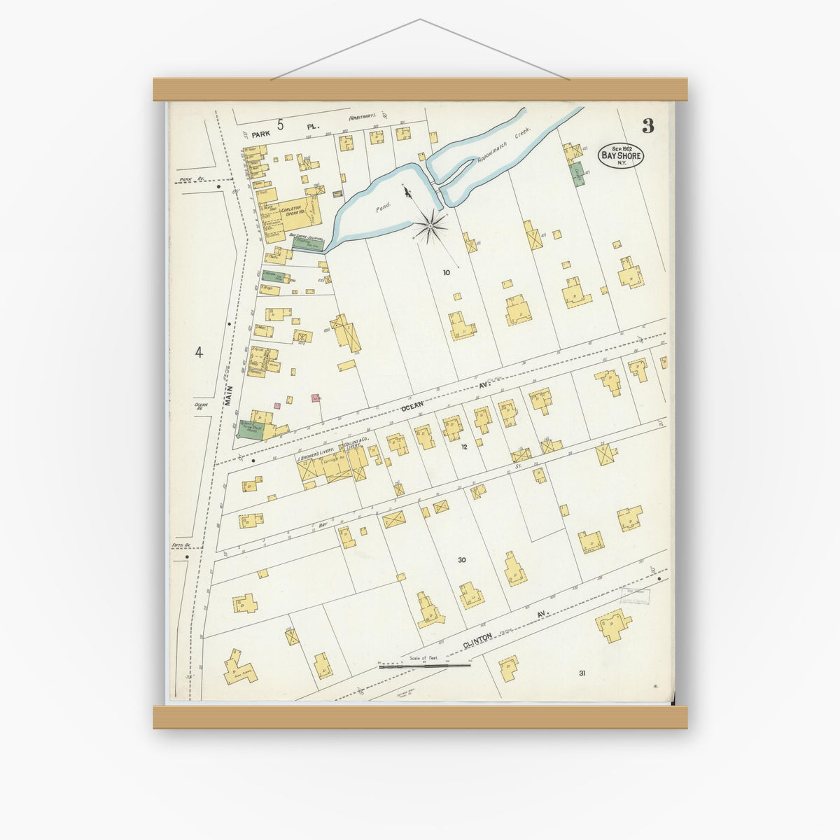 Old map wall art mockup — magnetic wood frame on white wall — Sanborn Fire Insurance Map from Bay Shore, Suffolk County, New York (1902), Sheet #0003