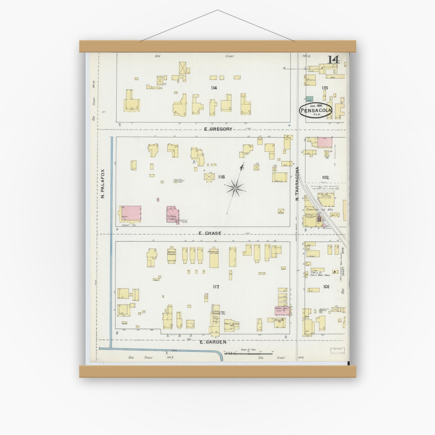 Old map wall art mockup — magnetic wood frame on white wall — Sanborn Fire Insurance Map from Pensacola, Escambia County, Florida (1892), Sheet #0014