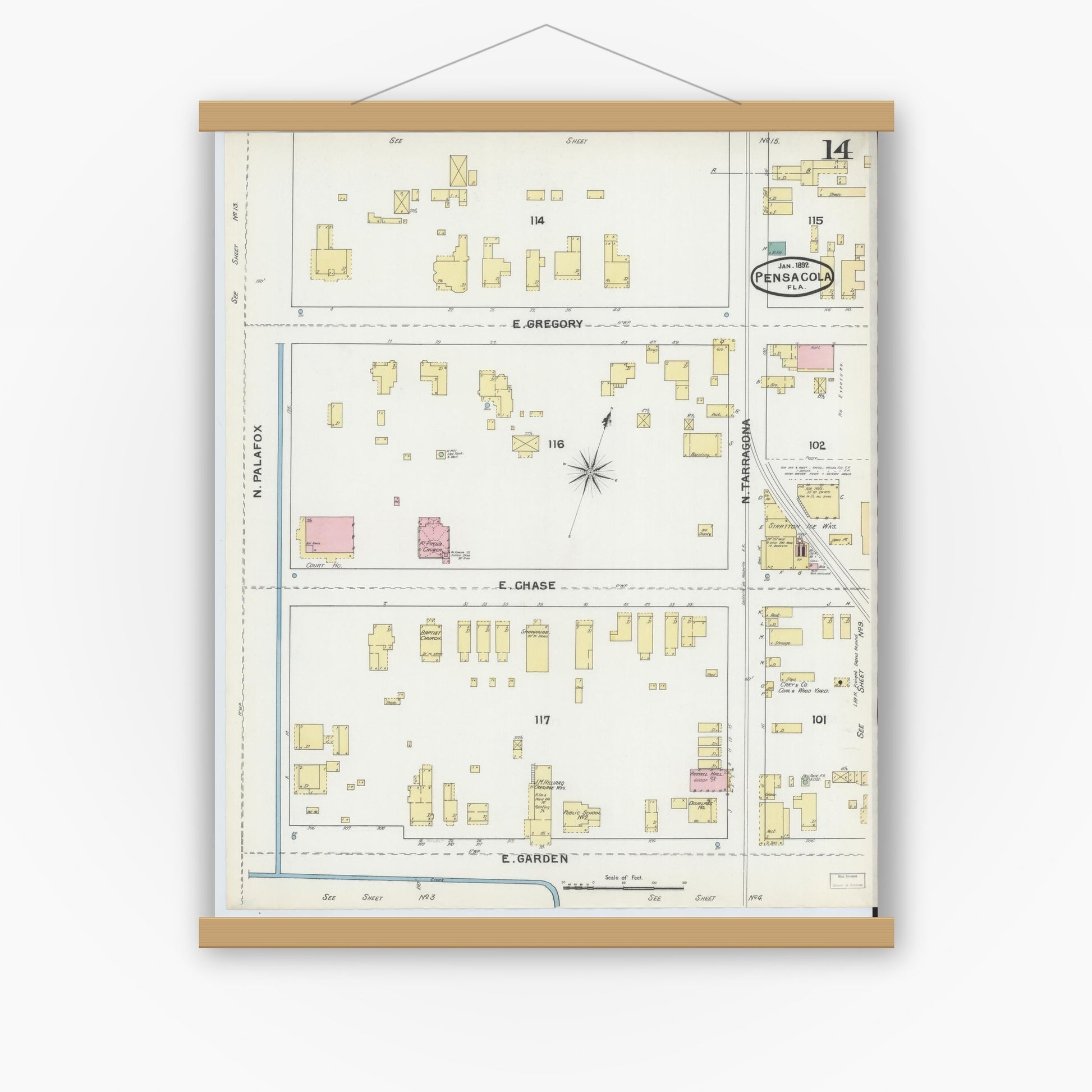 Old map wall art mockup — magnetic wood frame on white wall — Sanborn Fire Insurance Map from Pensacola, Escambia County, Florida (1892), Sheet #0014