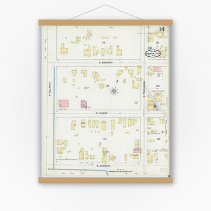 Old map wall art mockup — magnetic wood frame on white wall — Sanborn Fire Insurance Map from Pensacola, Escambia County, Florida (1892), Sheet #0014