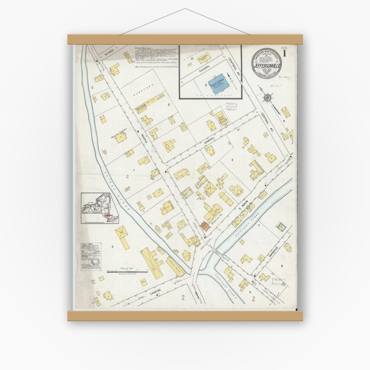 Old map wall art mockup — magnetic wood frame on white wall — Sanborn Fire Insurance Map from Jeffersonville, Sullivan County, New York (1918) - Complete Map Set