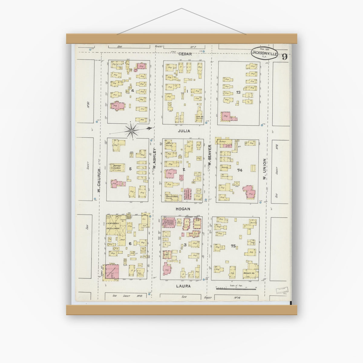 Old map wall art mockup — magnetic wood frame on white wall — Sanborn Fire Insurance Map from Jacksonville, Duval County, Florida (1891), Sheet #0009