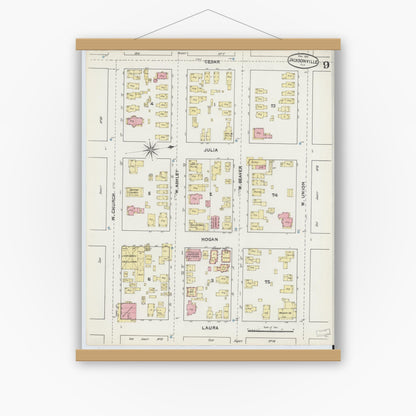 Old map wall art mockup — magnetic wood frame on white wall — Sanborn Fire Insurance Map from Jacksonville, Duval County, Florida (1891), Sheet #0009