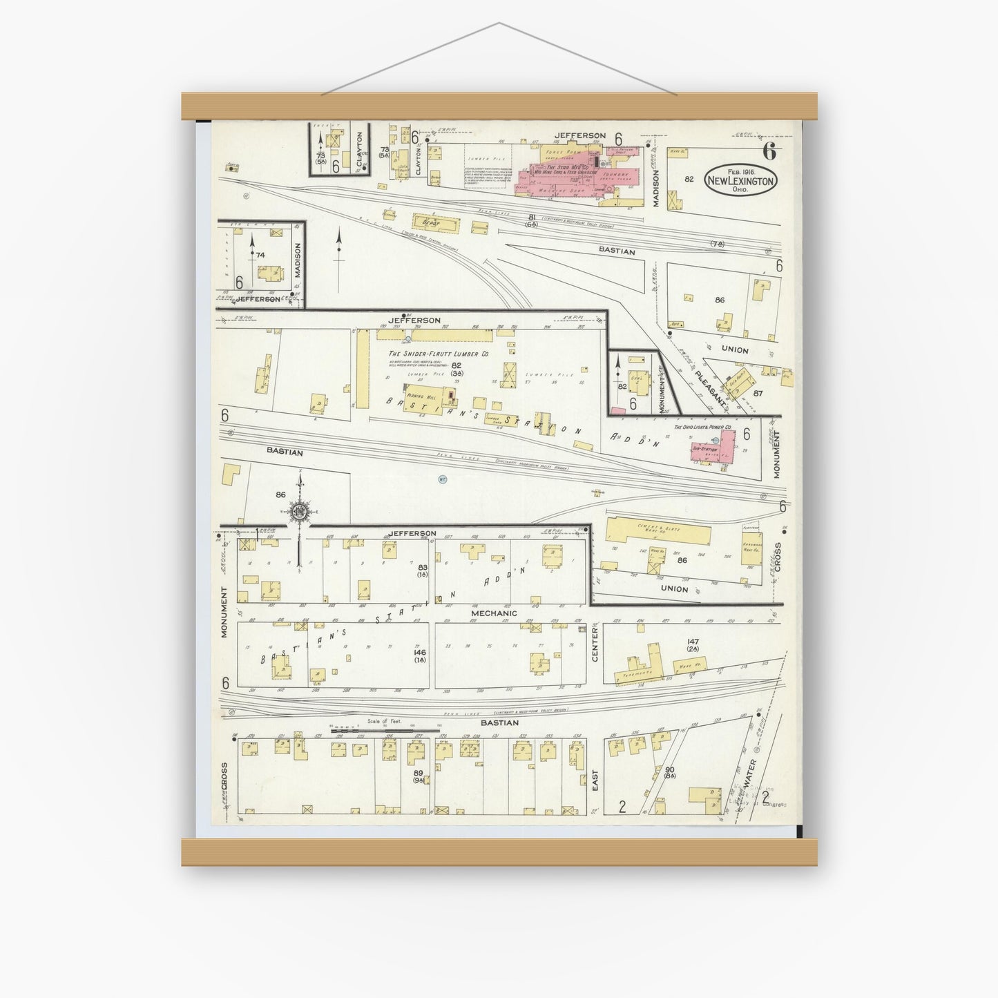 Old map wall art mockup — magnetic wood frame on white wall — Sanborn Fire Insurance Map from New Lexington, Perry County, Ohio (1916), Sheet #0006