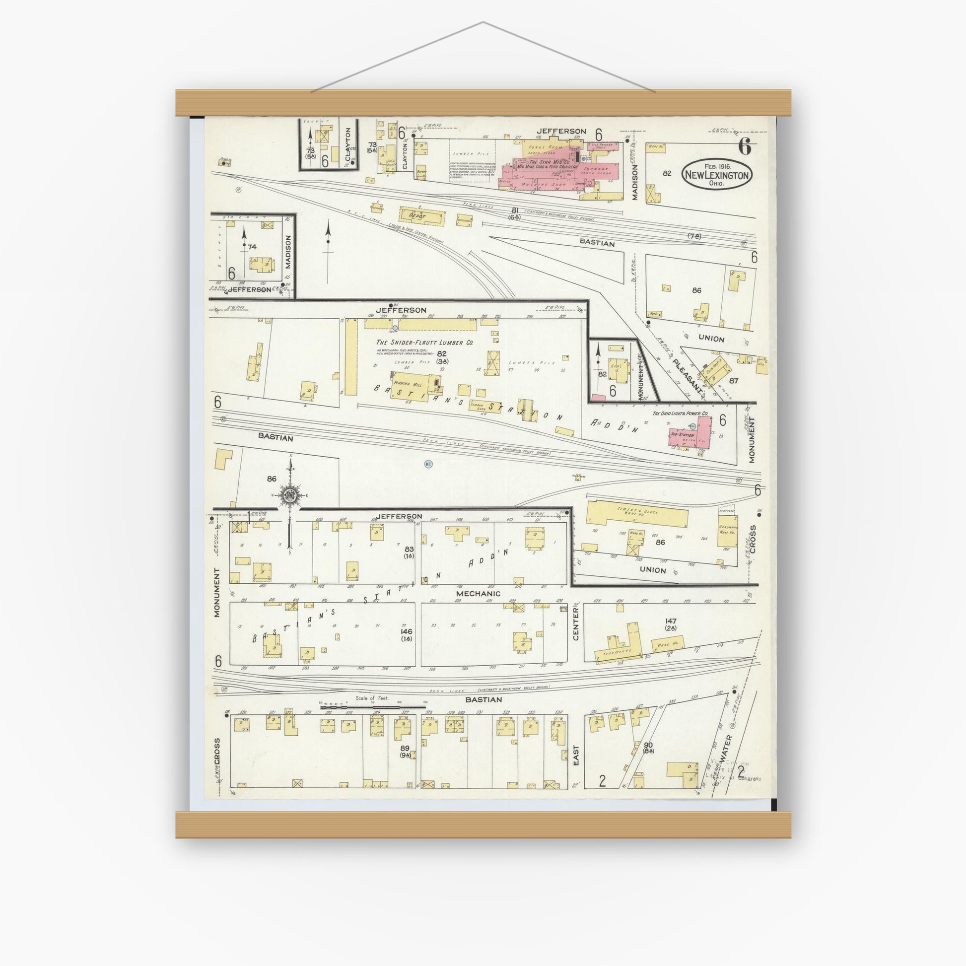 Old map wall art mockup — magnetic wood frame on white wall — Sanborn Fire Insurance Map from New Lexington, Perry County, Ohio (1916), Sheet #0006