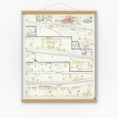 Old map wall art mockup — magnetic wood frame on white wall — Sanborn Fire Insurance Map from New Lexington, Perry County, Ohio (1916), Sheet #0006