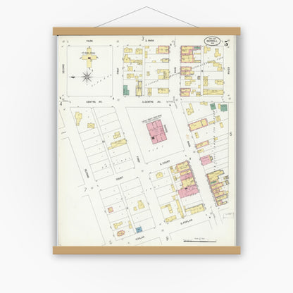 Old map wall art mockup — magnetic wood frame on white wall — Sanborn Fire Insurance Map from Merrill, Lincoln County, Wisconsin (1907), Sheet #0005